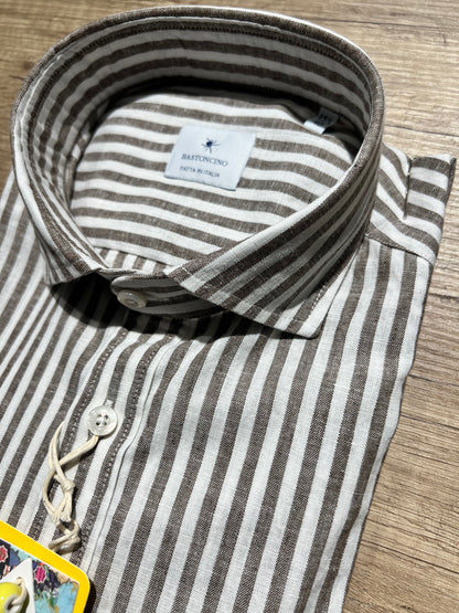 Camicia a Righe Marrone In Lino e Cotone