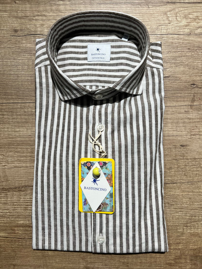 Camicia a Righe Marrone In Lino e Cotone