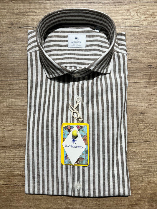 Camicia a Righe Marrone In Lino e Cotone